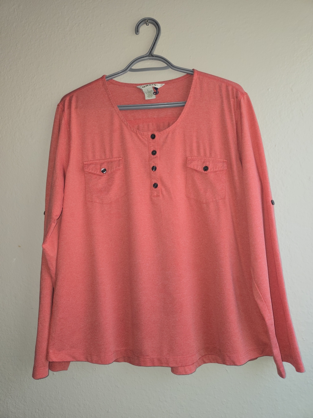 Orvis Women's Large Coral Henley Long Sleeve Top Roll Tab Sleeve Stretch Pockets